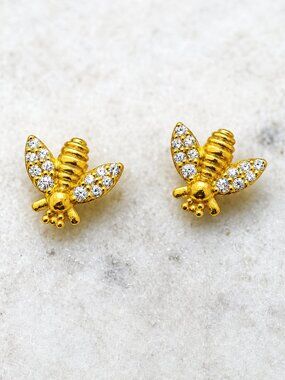 18K Gold Plated Cubic Zirconia Bee Stud Earrings Nickel Free